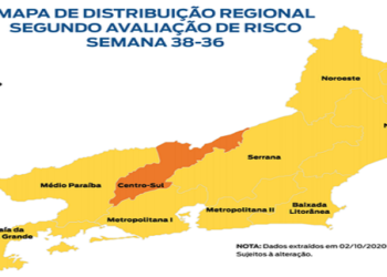 Desde a primeira edição do Mapa de Risco, lançada no dia 8 de julho, nenhuma região estava classificada na Bandeira Vermelha, de risco alto, e apenas o Norte estava em Amarelo. (Mapa- fonte: Agência Brasil)