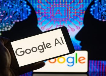 Google AI sing displayed on mobile and AI brain on screen are seen in this photo illustration. On 5 February 2023 in Brussels, Belgium.