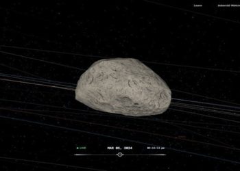 Astetoide Apophis pela ferramenta de rastreamento Eyes on Asteroids, da NASA. Crédito: NASA