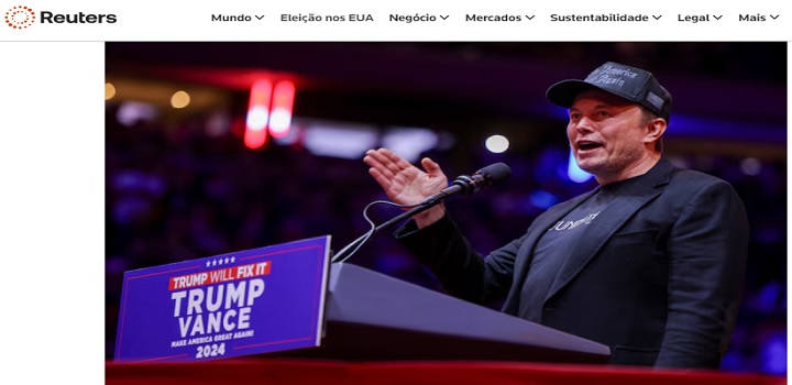 O CEO da Tesla e proprietário do X, Elon Musk, fala durante um comício do candidato presidencial republicano e ex-presidente dos EUA, Donald Trump, no Madison Square Garden, em Nova York, EUA, em 27 de outubro de 2024. Reprodução - Reuters