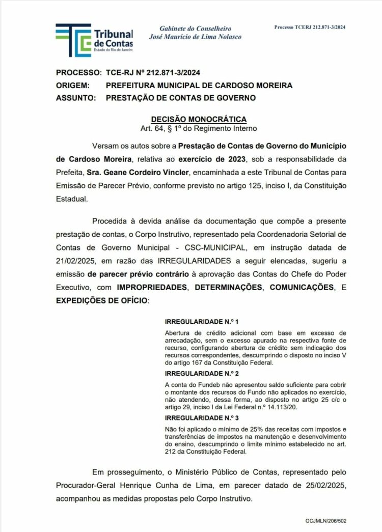 TCE-RJ: Relatório pede reprovação das contas da prefeita de Cardoso Moreira (RJ), Geane Vincler