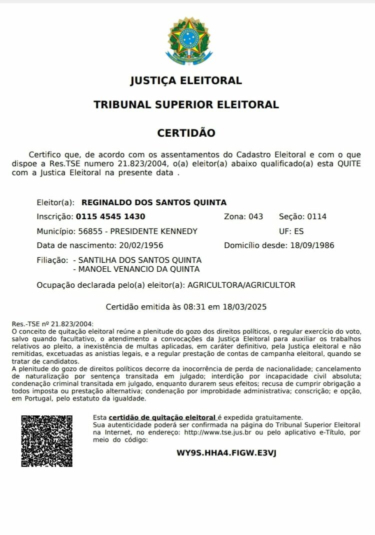 Certidão de quitação eleitoral de Reginaldo Quinta