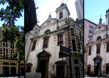 Fachada da Igreja de Nossa Senhora da Conceição e Boa Morte, no Centro do Rio de Janeiro, tombada pelo IPHAN e com fachada colonial no cruzamento da Rua do Rosário com a Avenida Rio Branco