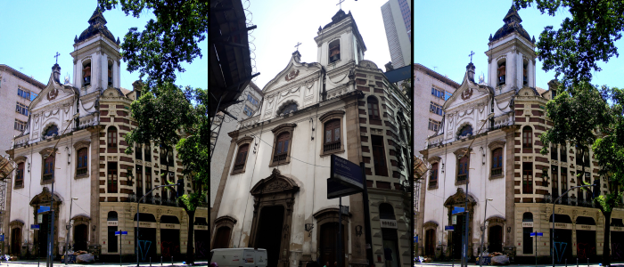 Fachada da Igreja de Nossa Senhora da Conceição e Boa Morte, no Centro do Rio de Janeiro, tombada pelo IPHAN e com fachada colonial no cruzamento da Rua do Rosário com a Avenida Rio Branco