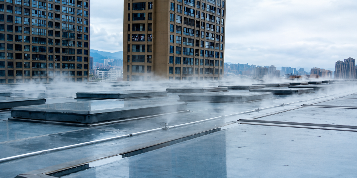 Sistema de “chuva artificial” instalado em prédios chineses viraliza ao prometer alívio contra o calor extremo em áreas urbanas.