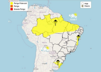 Inmet alerta para temporais nesta terça-feira (6), com chuva forte, ventos intensos e risco de granizo em áreas do Sul, Sudeste e Centro-Oeste.