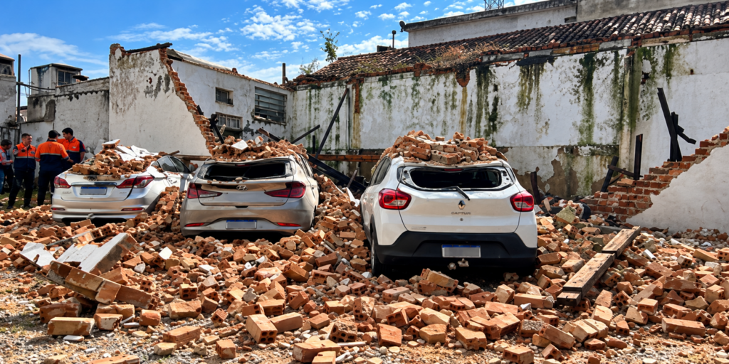 Parte de imóvel desaba sobre estacionamento, danifica três carros e uma motocicleta, mas ninguém fica ferido.